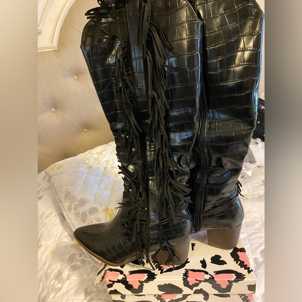 Fringe knee high boots